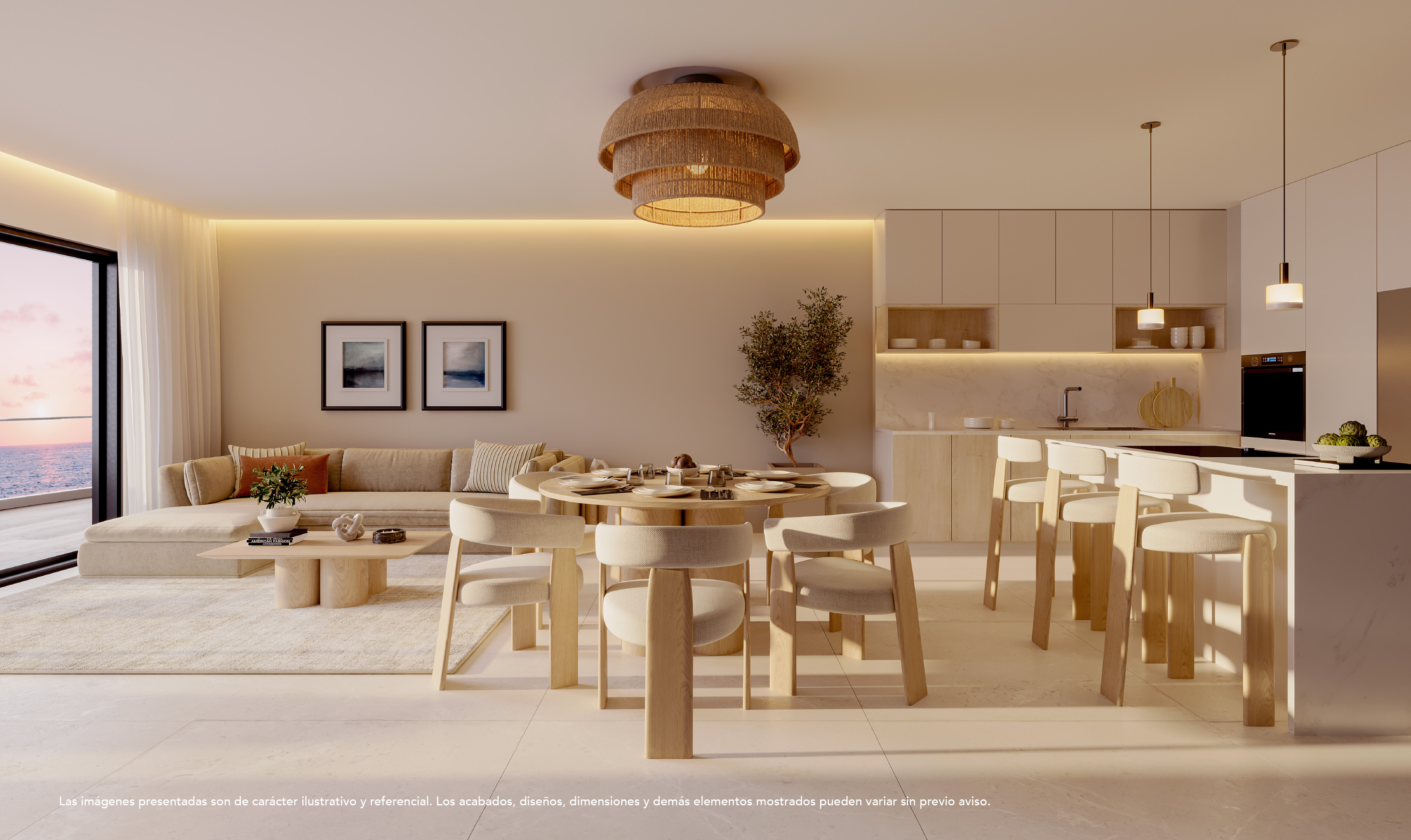 Sala, comedor y cocina de residencia Aquamarine